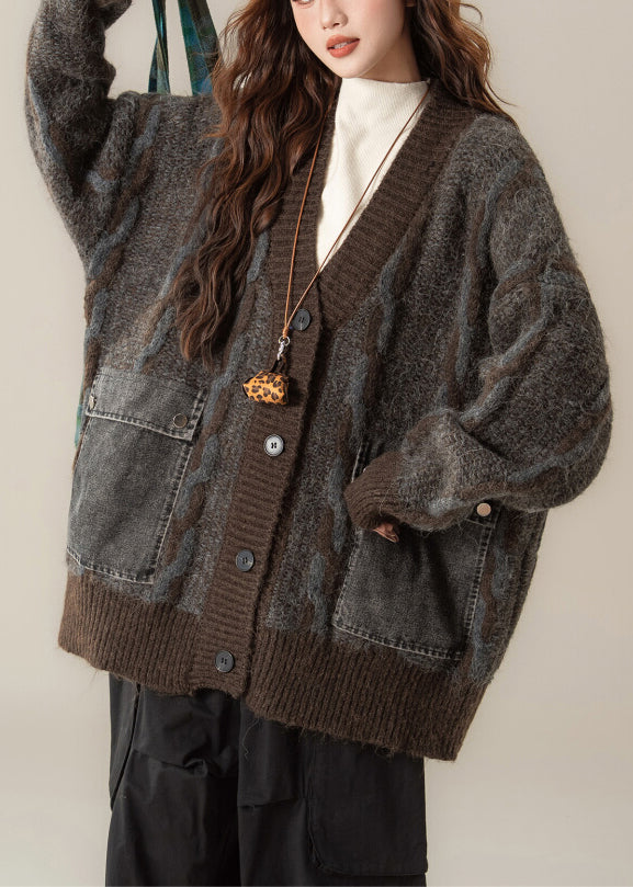 Coffee Button Pockets Patchwork Oversized Knit Coat V Neck