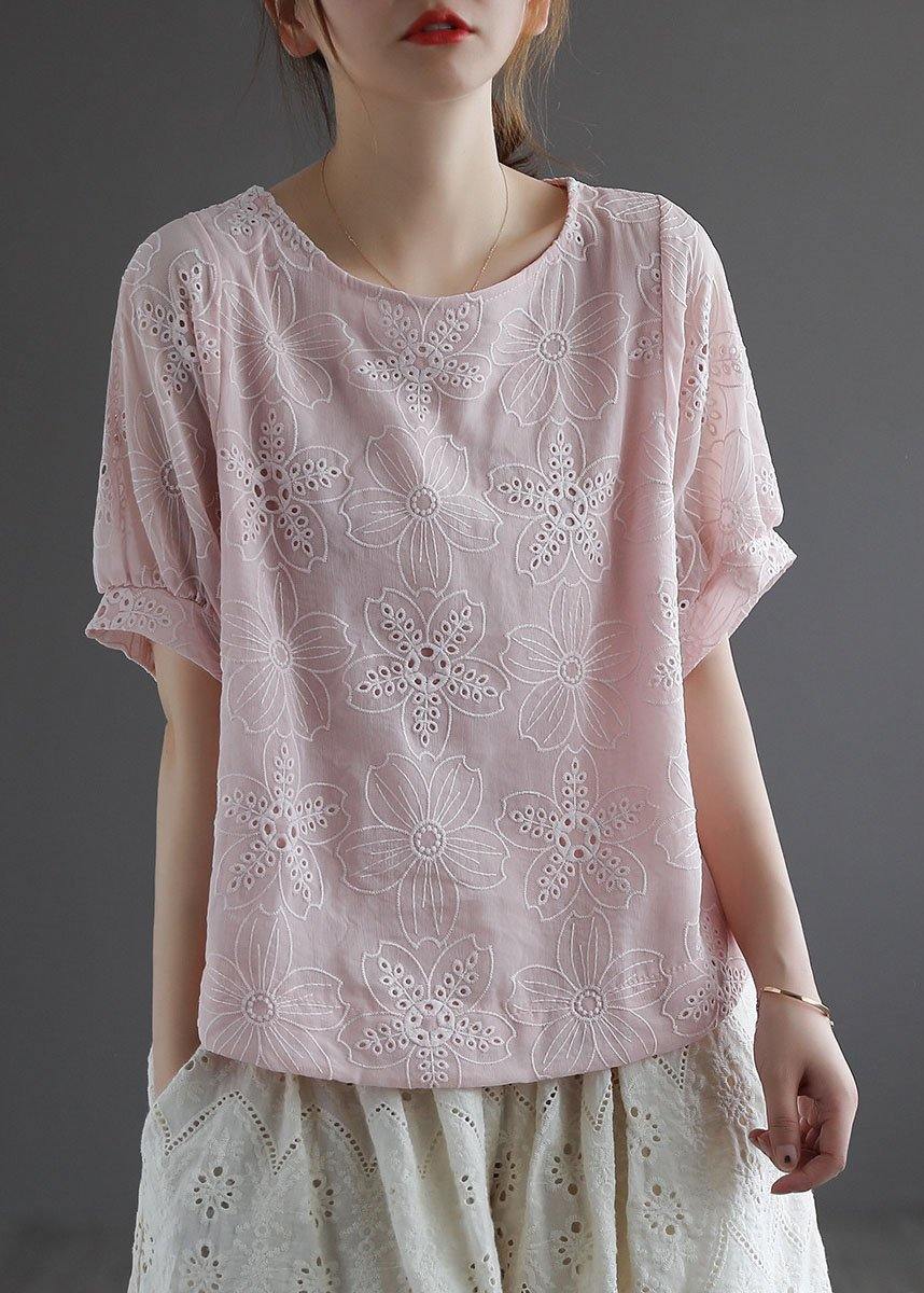 White O-neck Hollow Out Summer Retro Half Sleeve Top