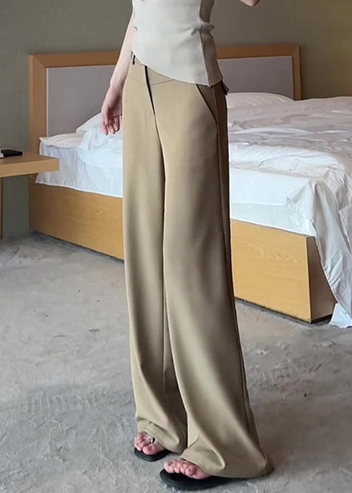 French Khaki Pockets High Waist Spandex Pants Fall