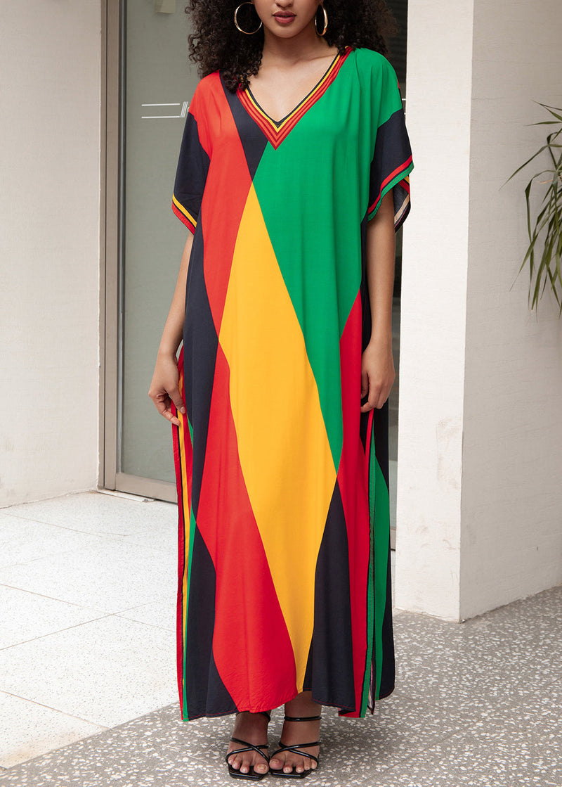 V Neck Geometric Print Side Open Cotton Dress Summer