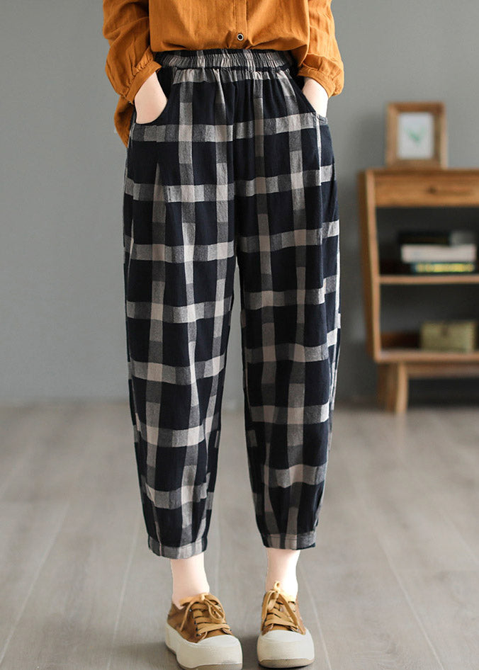Black Plaid High Waist Linen Crop Pants