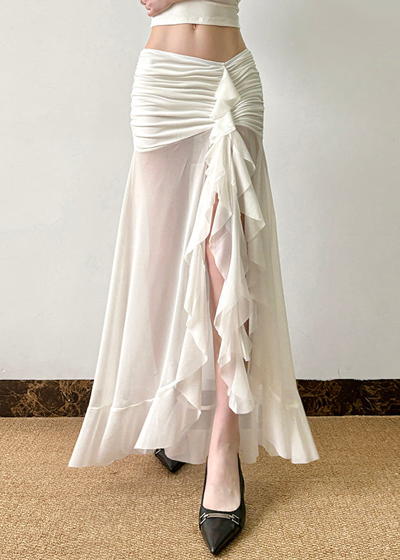 White Wrinkled Side Open Tulle Skirt Summer