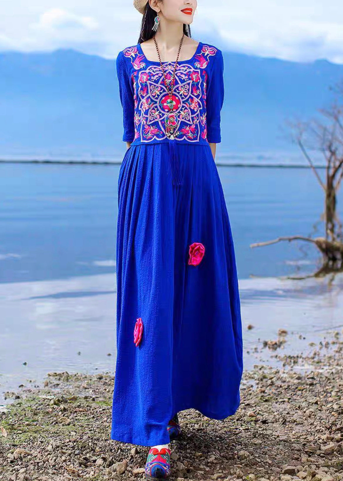 Blue Embroidered Tie Waist Cotton Long Dress Half Sleeve