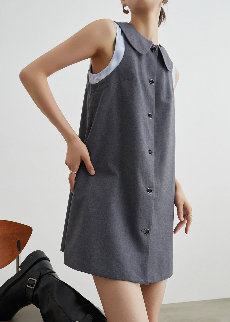 Grey Peter Pan Collar Patchwork Cotton T Shirt Dresses Sleeveless
