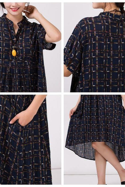Stand Collar Cotton Colored Printed Dress