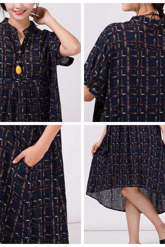 Stand Collar Cotton Colored Printed Dress