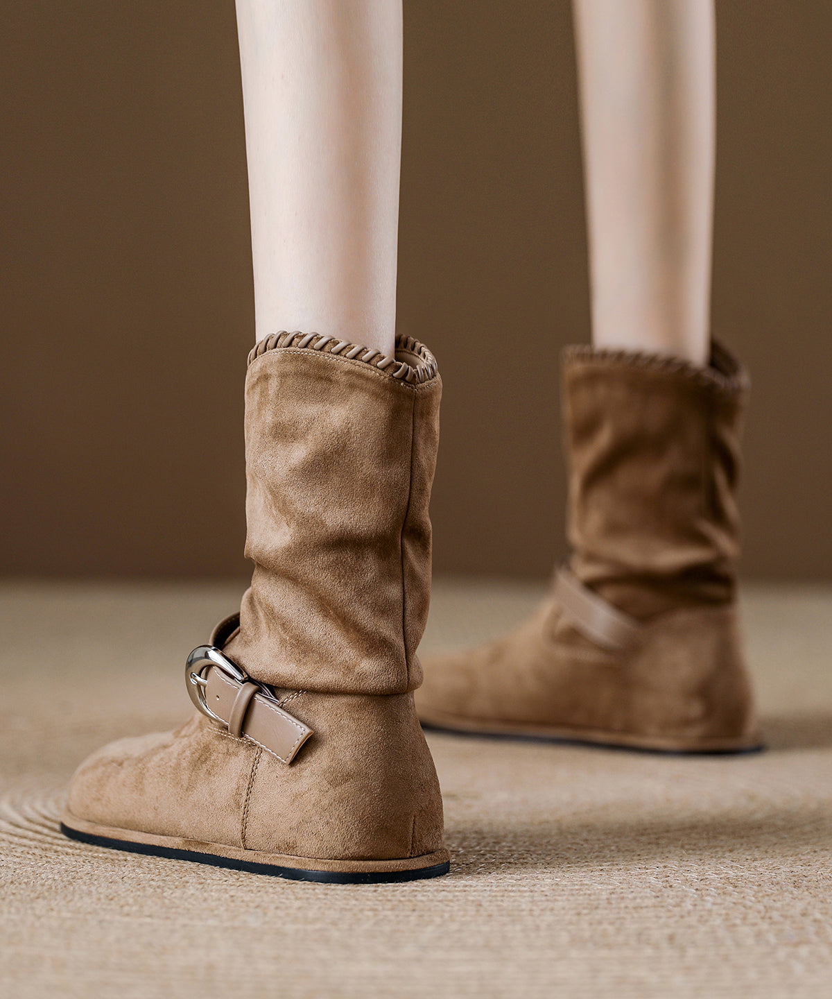 New Brown Suede Wrinkled Splicing Boots