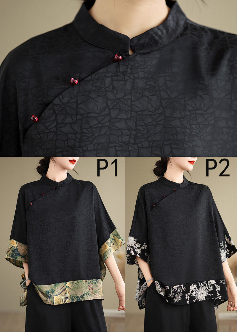 Black Mandarin Collar Patchwork Silk Shirt Summer