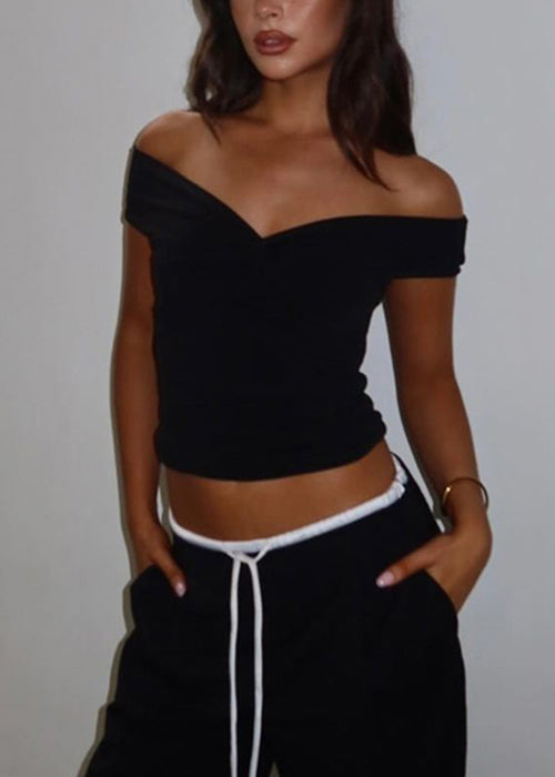 Slim Fit Black Slash Neck Cotton T Shirts Summer
