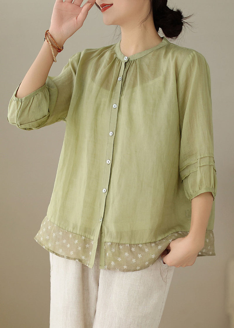 Green Stand Collar Print Patchwork Linen Shirt Tops Summer