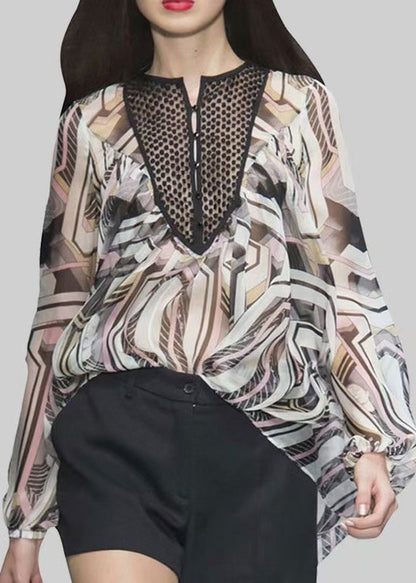 Print Draping Chiffon Shirt Top Lantern Sleeve