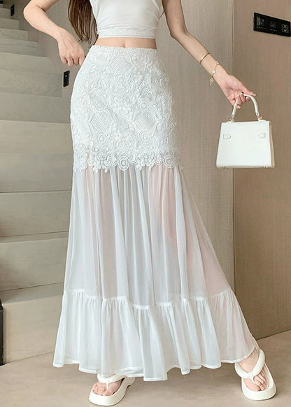 White Wrinkled Lace Patchwork Tulle Summer Skirt High Waist