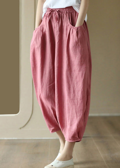 White Wrinkled Tie Waist Linen Lantern Pants Summer