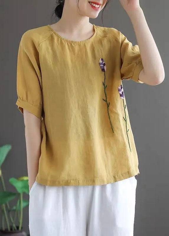 Ginger Embroidered Linen Tops Short Sleeve