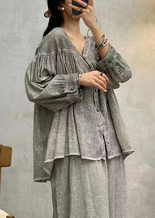 Grey Button Cotton Blouses V Neck Long Sleeve