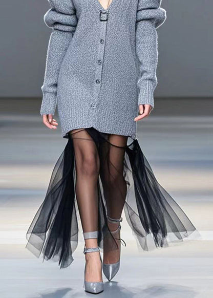 Grey V Neck Patchwork Tulle Long Sweater Winter