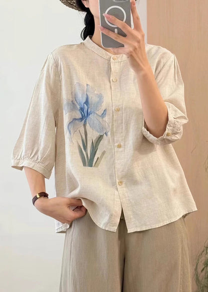 Orange Button Print Linen Blouses Half Sleeve