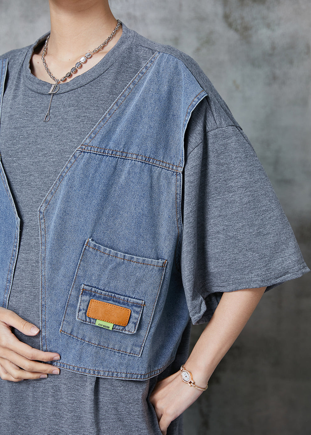 Grey Oversized Patchwork Cotton Robe Dresses Summer