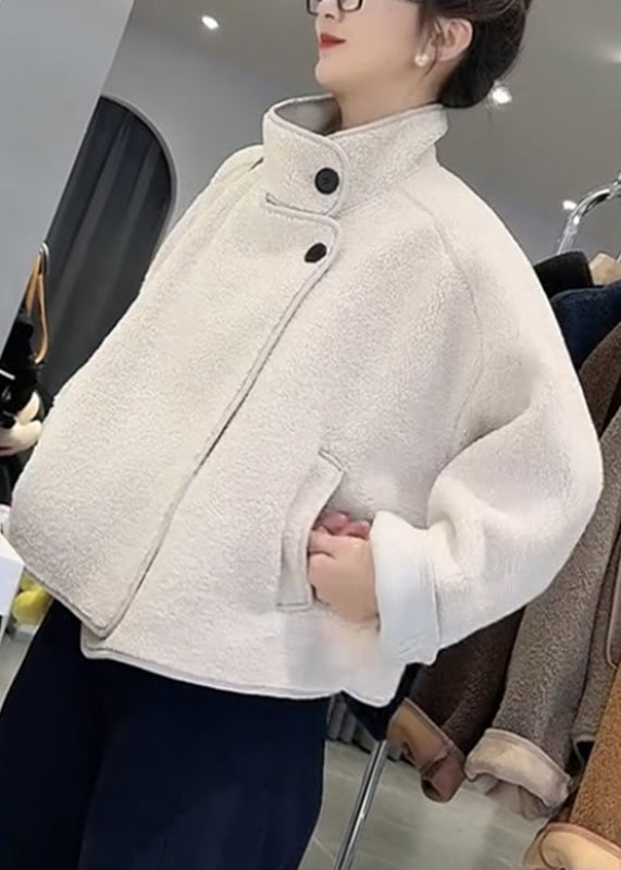 White Stand Collar Patchwork Pockets Faux Fur Coats Fall