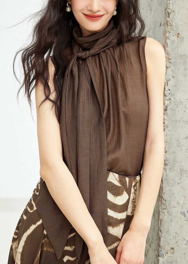 New Coffee Turtleneck Lace Up Cotton Top Sleeveless