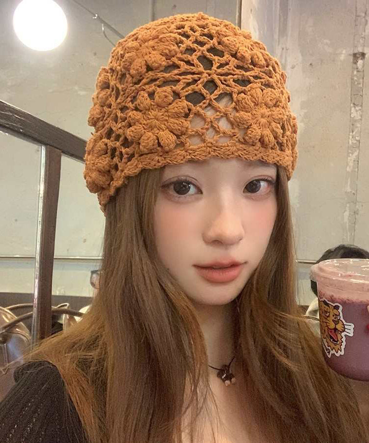 Handmade Beige Hollow Out Knit Boonie Hat