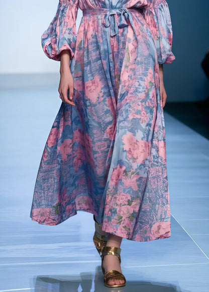 Stylish Colorblock Slash Neck Print Cotton Robe Dresses Spring