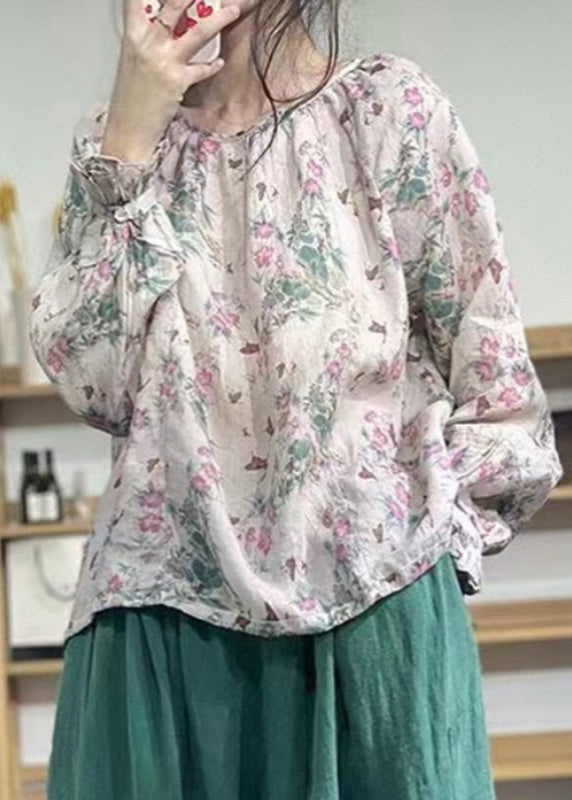 O-neck Print Linen Top Long Sleeve