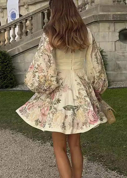 V Neck Print Cotton Dress Lantern Sleeve