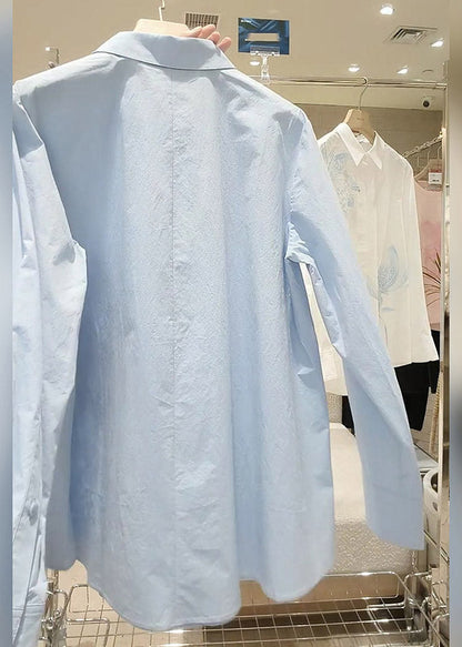 Style Light Blue Embroidered Button Shirt Spring