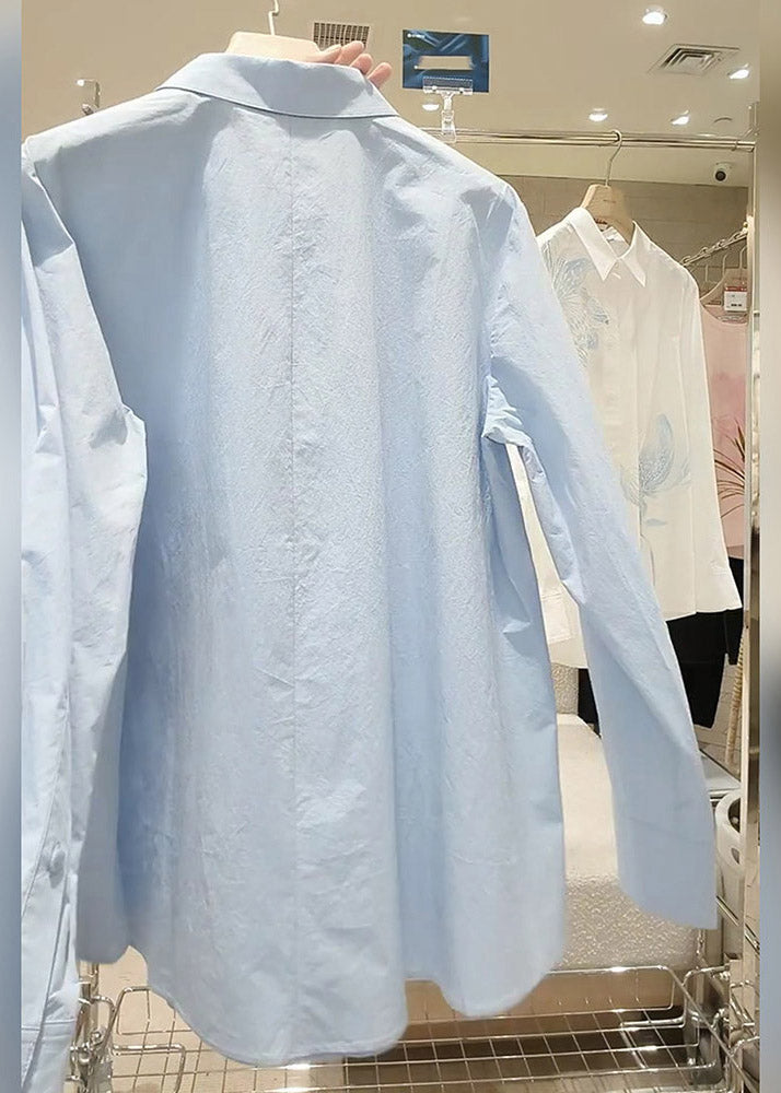 Style Light Blue Embroidered Button Shirt Spring