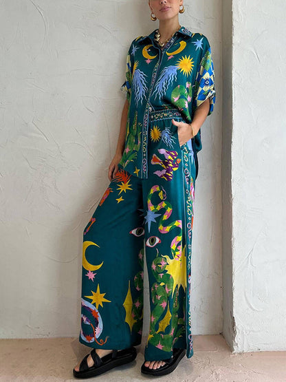 Loose Elastic Waist Unique Print Pocketed Wide Leg Pants Set