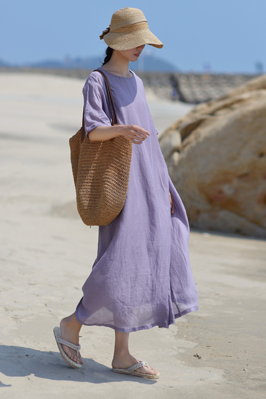 Summer Simple Short Sleeve Dress Loose Ramie Robe