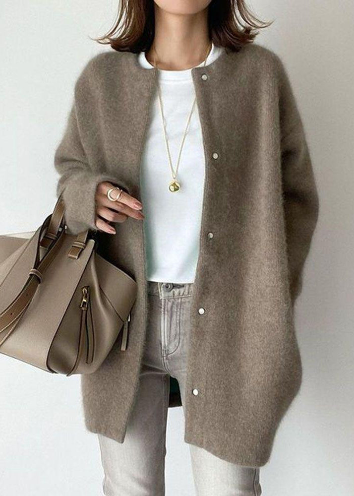 Loose Coffee O Neck Button Woolen Coat Spring