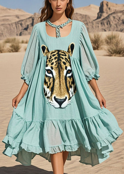 Lake Green Oversized Print Cotton Long Dresses Summer