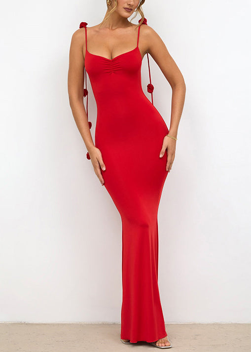 Style Red Backless Decorated Cotton Spaghetti Strap Dress Summer
