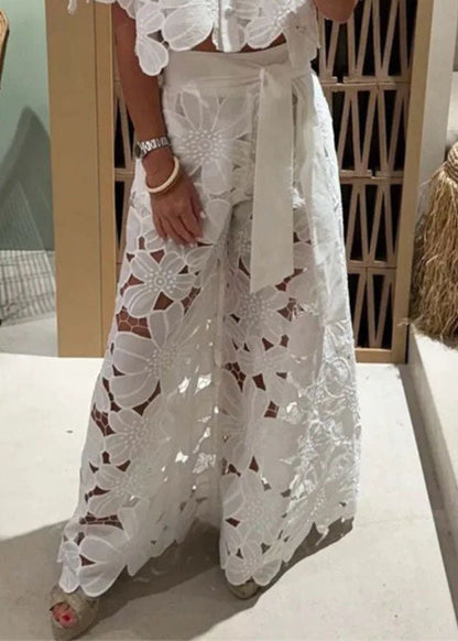 White Hollow Out Shirts and Wide Leg Pants Two Pieces Set Short Sleeve
