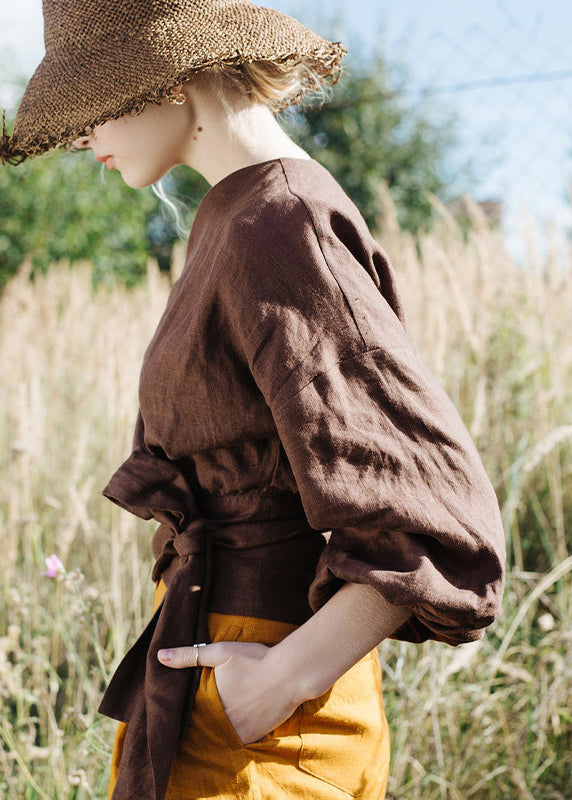 Italian Coffee V Neck Lace Up Linen Tops Lantern Sleeve