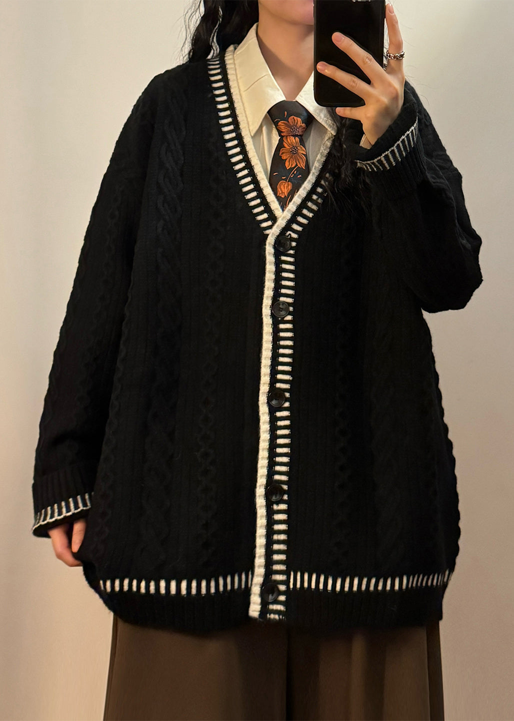 Coffee V Neck Button Cozy Cable Knit Coats Spring