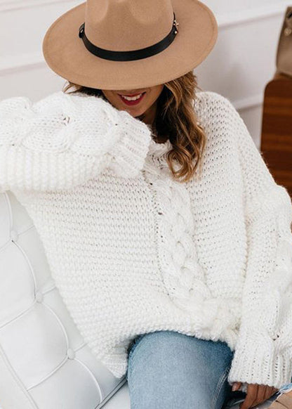 Beige V Neck Thick Cable Knit Sweaters Fall