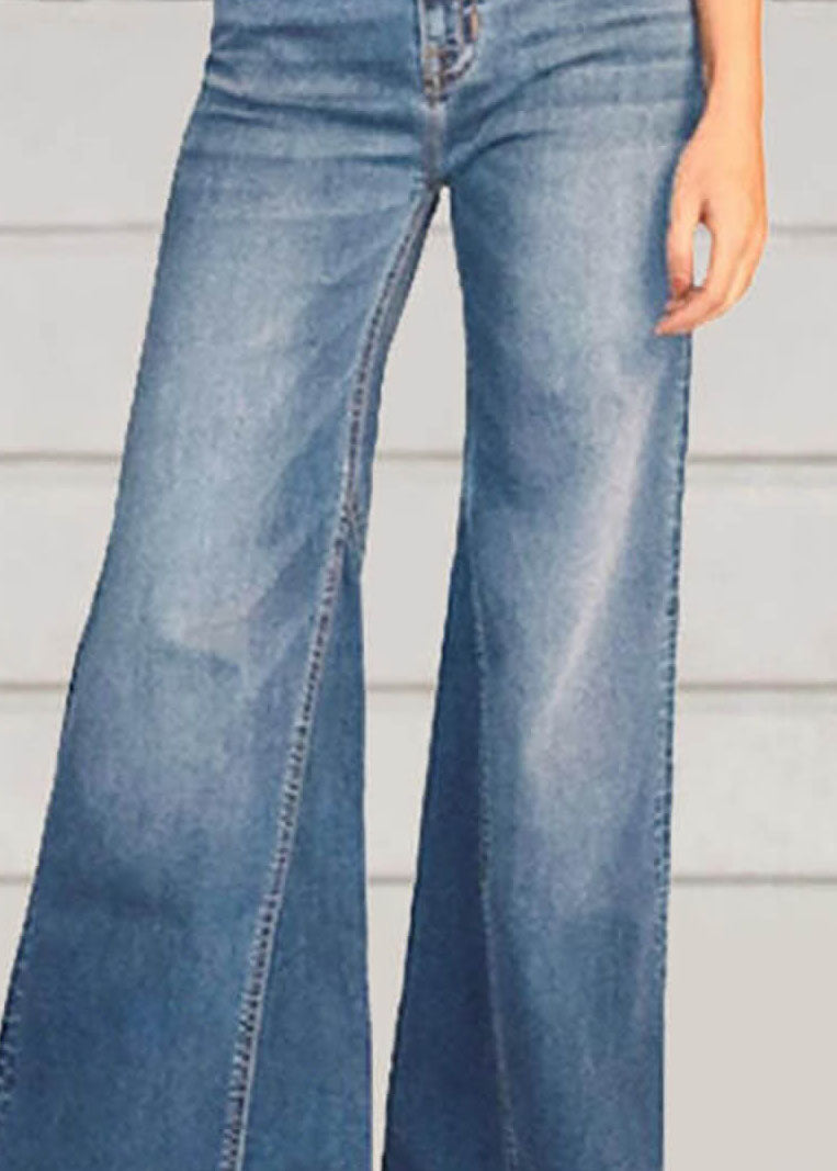 Blue Pockets Patchwork Denim Wide Leg Pants Summer