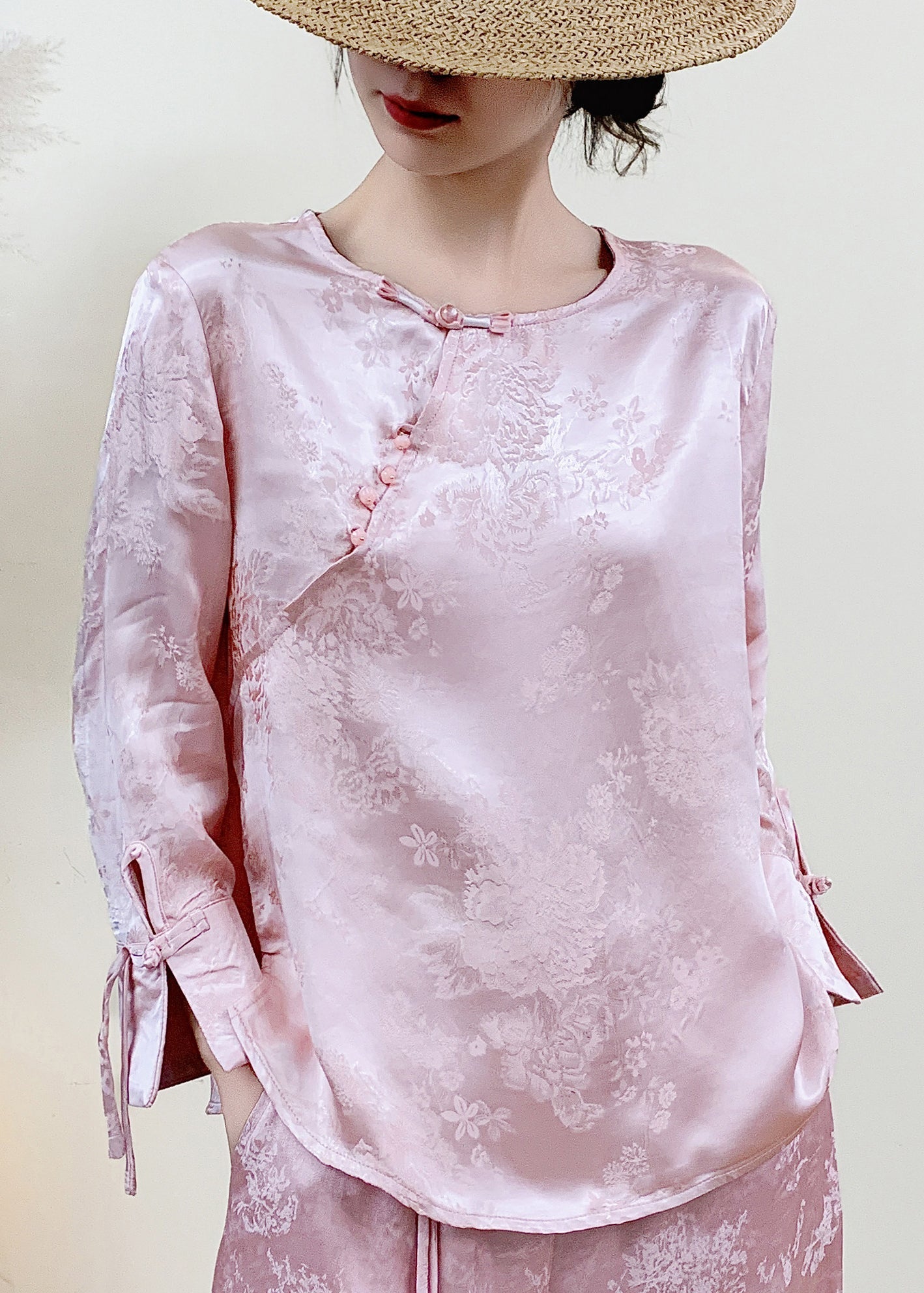 Chinese Style Pink Jacquard Silk Oriental Shirts Spring