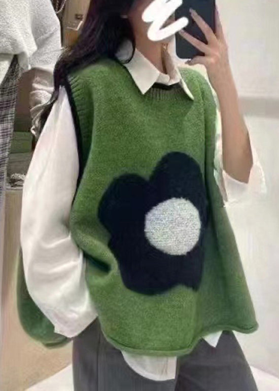 Italian Green O Neck Patchwork Knit Vest Sleeveless