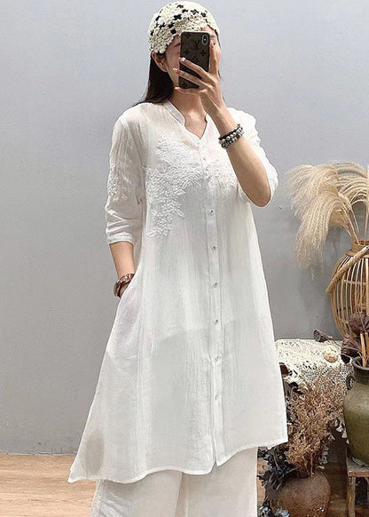 Fitted White Stand Collar Embroidered Linen Long Shirts Three Quarter Sleeve