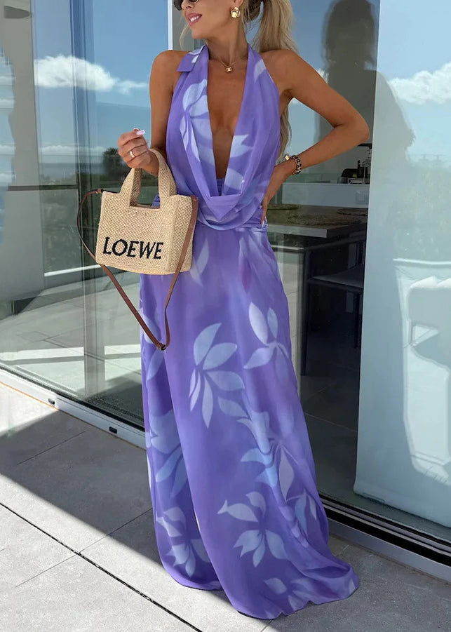 Summer Purple Print Sleeveless Dress Backless Hanging Neck