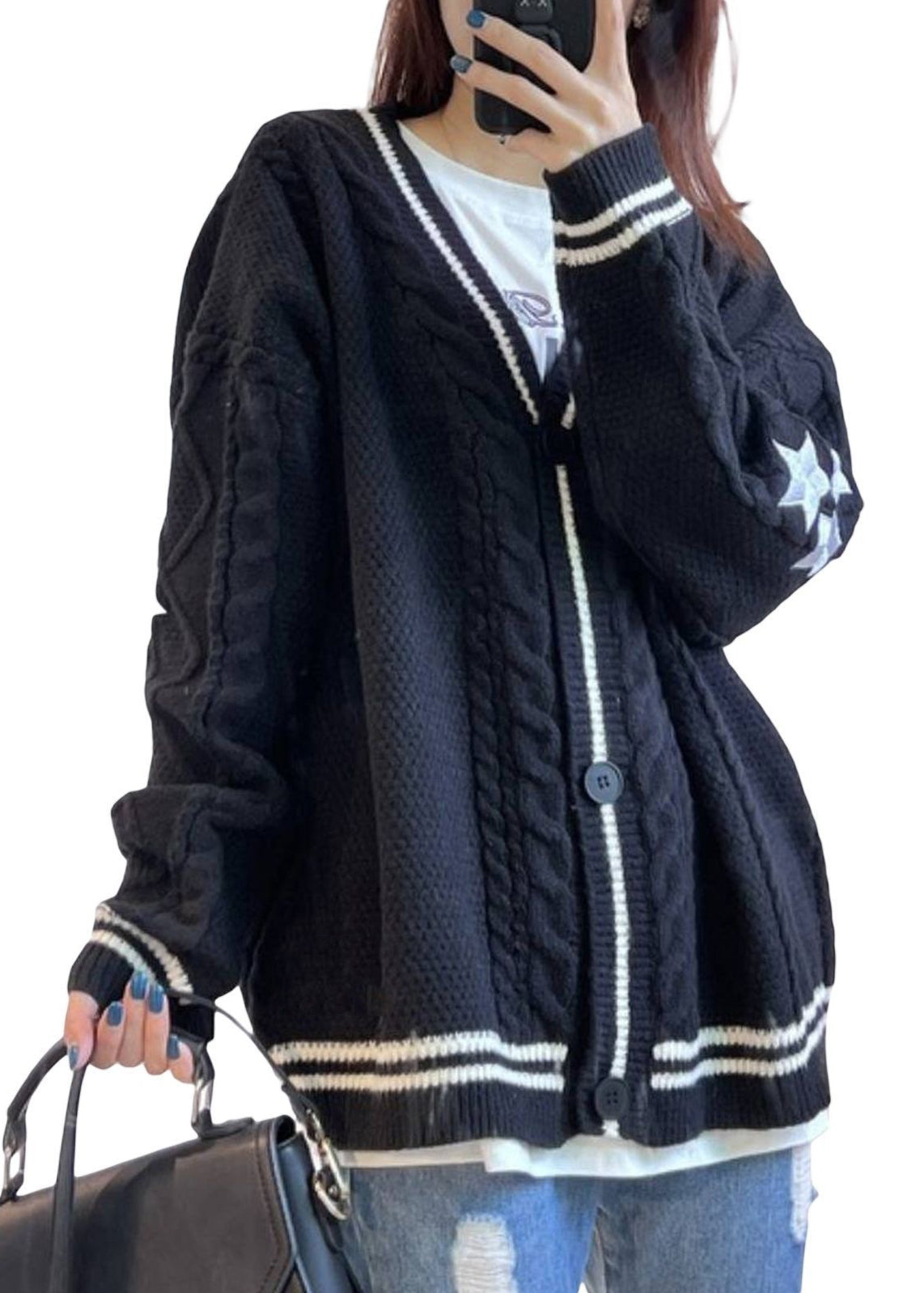 White V Neck Embroidered Knit Cardigan Fall