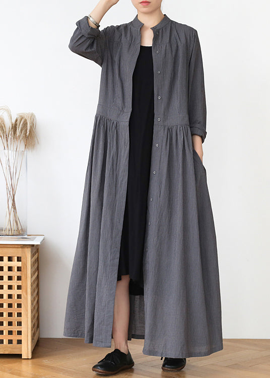 Grey Stand Collar Striped Cotton Shirts Dress Fall