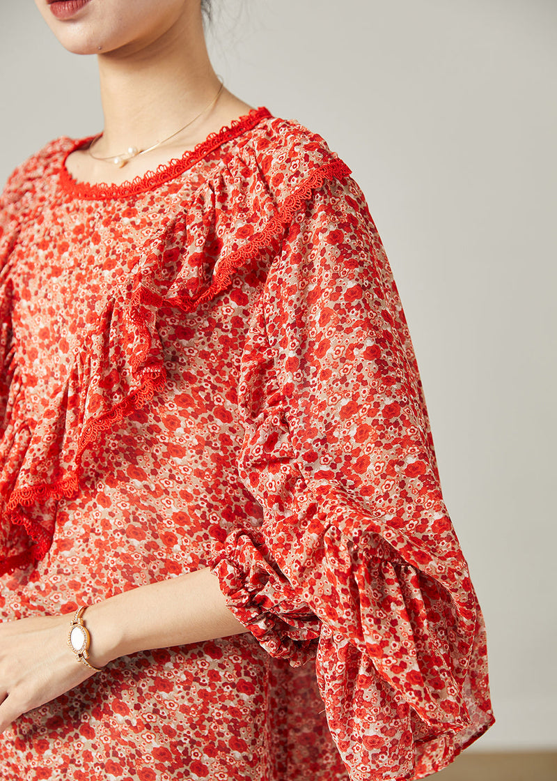 Red Ruffled Print Chiffon Blouse Top Butterfly Sleeve