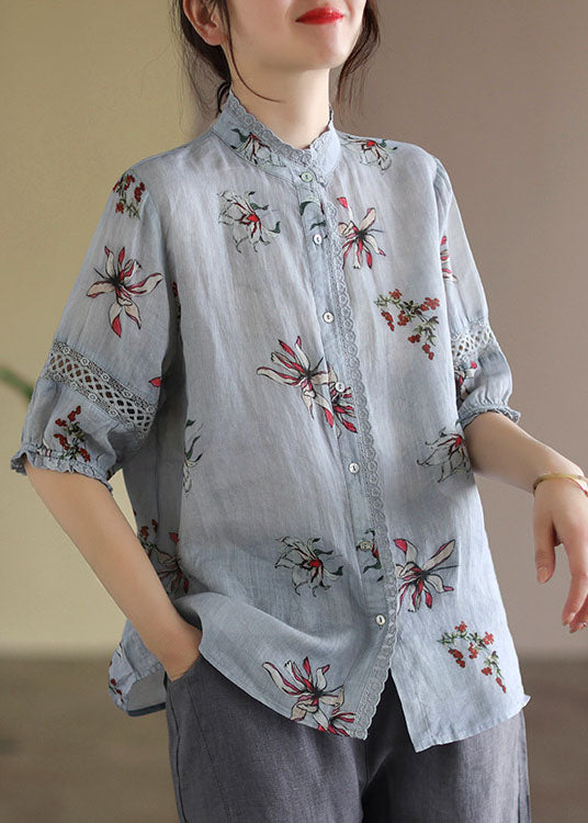 Boutique Grey Stand Collar Print Linen Shirt Tops Half Sleeve