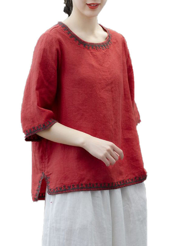 Yellow O Neck Embroideried Patchwork Cotton T Shirts Summer