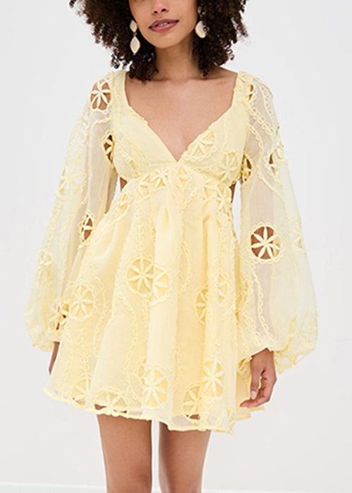 Stylish Yellow Embroidered Hollow Out Cotton Mini Dress Lantern Sleeve